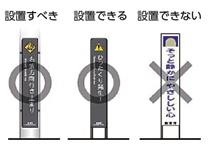イラスト:サインデザイン(右折方向行き止まりのサインは設置すべき・ひったくり発生のサインは設置できる・そっと静かにやさしい心のサインは設置できない) イラスト:サインデザイン(右折方向行き止まりのサインは設置すべき・ひったくり発生のサインは設置できる・そっと静かにやさしい心のサインは設置できない)