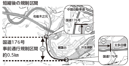 短縮後の規制区間は、塩瀬町生瀬から太多田橋交差点までの0.5キロメートル区間となります